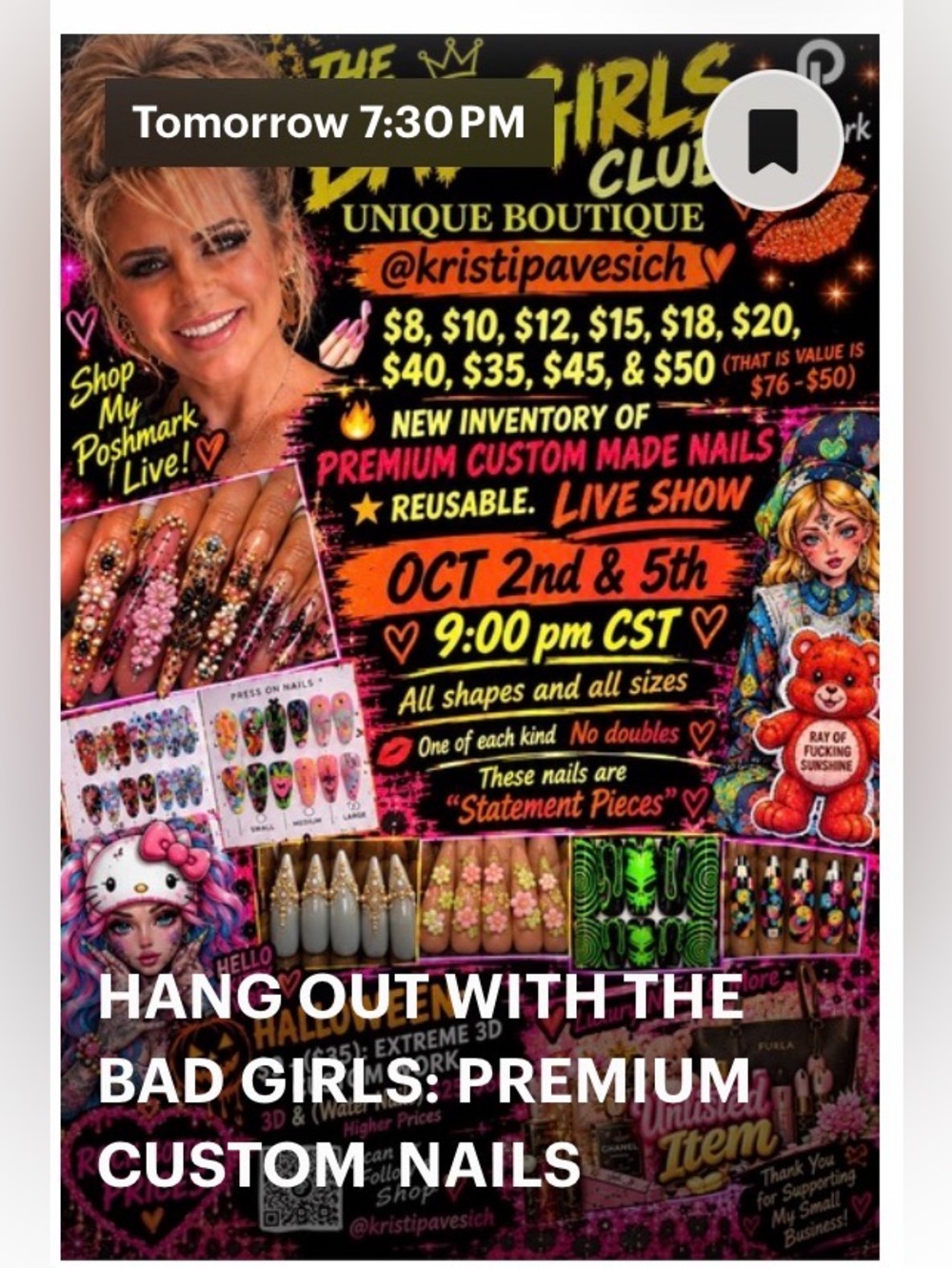 Premium Custom Made Nails-LIVE SHOW FRIDAY Oct 2nd &5th  includes Toe nails also